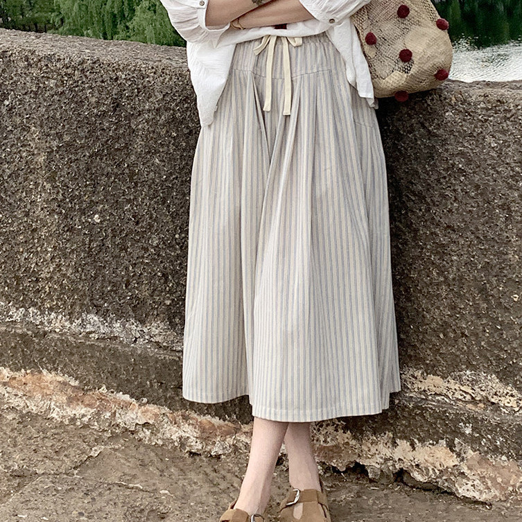 French-style high-end loose cotton-linen striped wide-leg skirt-pants for women, casual high-waisted slimming A-line cropped pants French-style high-end loose cotton-linen striped wide-leg skirt-pants for women, casual high-waisted slimming A-line cropped pants