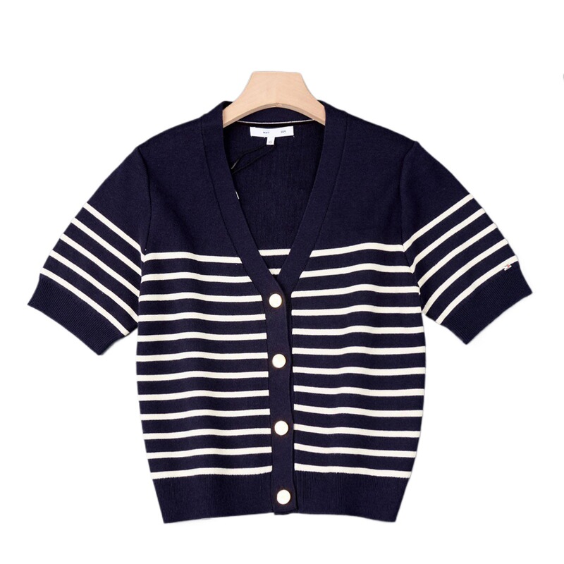 American-Style Women's Fashion V-Neck Buttoned Casual Short-Sleeve Striped Knit Cardigan