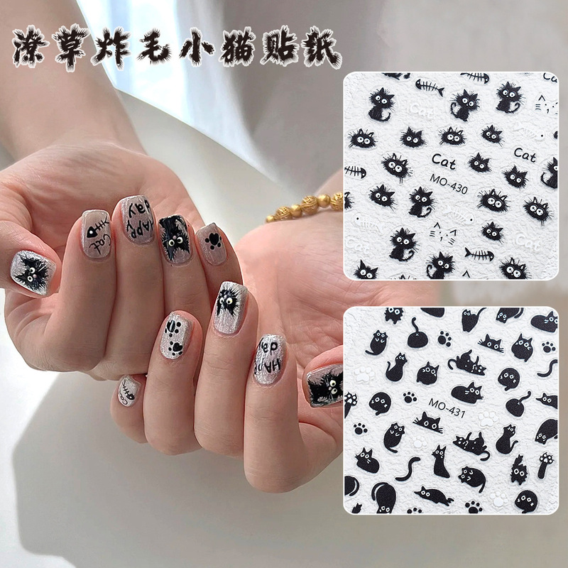 Cute embossed scrawled fried kitten nail art sticker black funny cute little black cat sticker decal graffiti