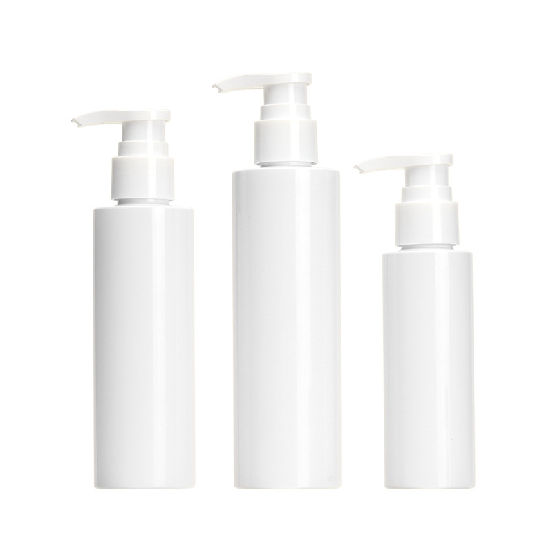 Empaquetado cosmético Xumin hombro plano botella de acondicionador PET 150-200ml botella de champú blanco al por mayor