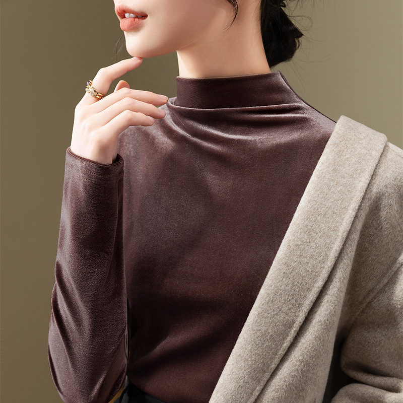 Camisa de fondo de terciopelo para las mujeres 2023 nuevas mujeres elegante medio cuello alto estilo occidental pequeña camisa cintura-apretado interior de manga larga