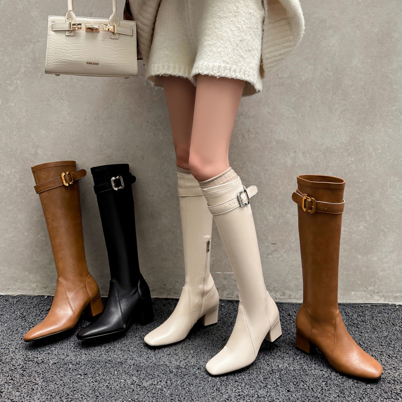 Long-Legged Goddess Style Chunky High-Heeled Knight 2025 Winter Chunky Heel Square Toe Belt Buckle Elastic Small Tube High Tube Long Boots for Women