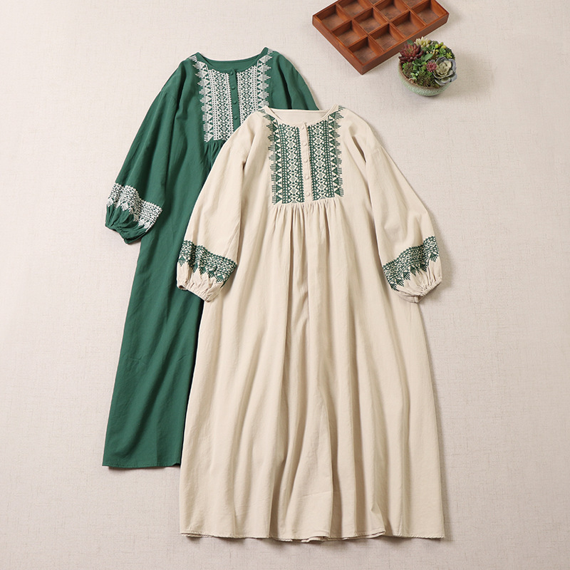 Ridan Mori Women's Half-open Round Neck Embroidered Cotton Long-sleeved dress Loose All-match Slimming Long Skirt Autumn