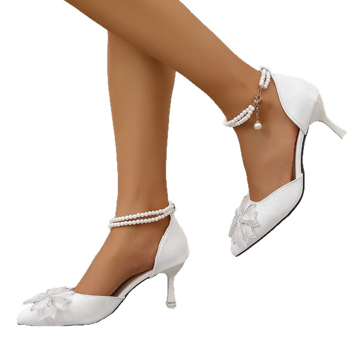 Cross-border Foreign Trade Women's 2025 Summer New Model Pointed Toe Bowknot Rhinestone Pearl Chain High-heeled Single_vogvips.com
