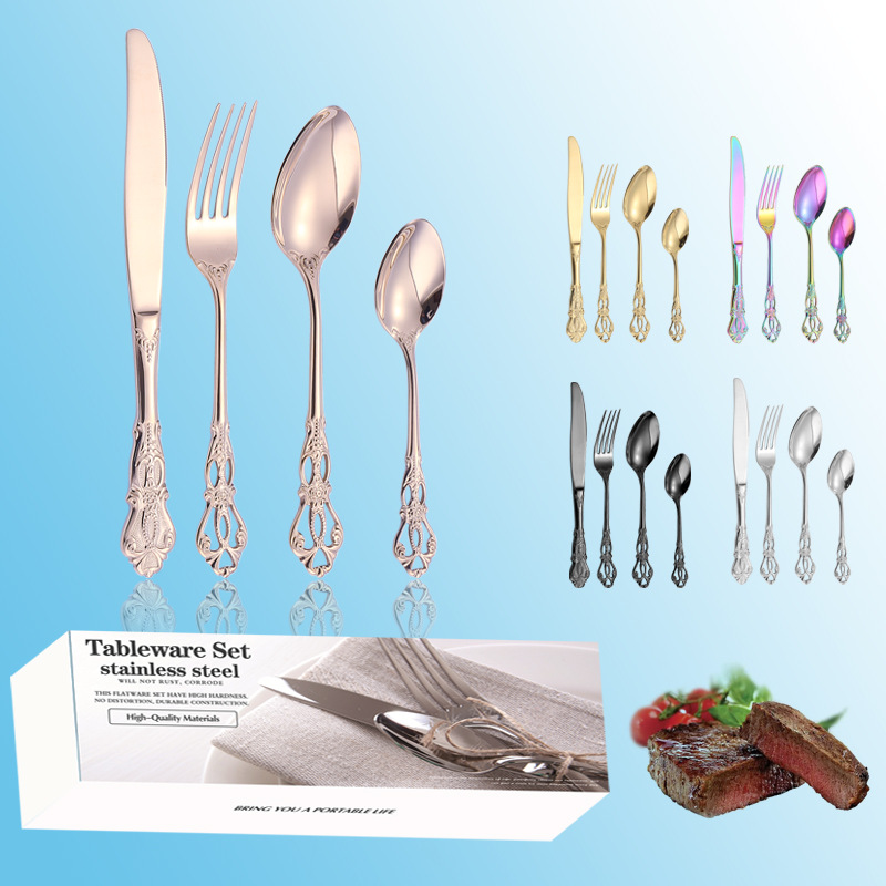 Transfronterizo 304 cubiertos de acero inoxidable 24 piezas juegos de corte imperial cuatro piezas principales hotel restaurante cuchillo y tenedor de cucharas de comida occidental