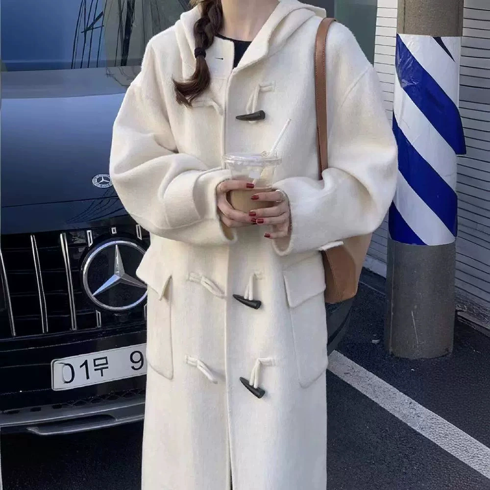 [Рог рога с капюшоном] 2024 Новый стиль колледжа с капюшоном рога пуговицы двухстороннего кашемирового пальто для женщин