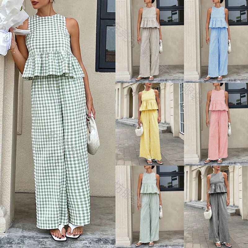 2026 European and American Amazon New Plaid Suit with Ruffled Skirt, Round Neck, Sleeveless, Fashionable and Elegant Two-Piece Set for Women 2026 European and American Amazon New Plaid Suit with Ruffled Skirt, Round Neck, Sleeveless, Fashionable and Elegant Two-Piece Set for Women