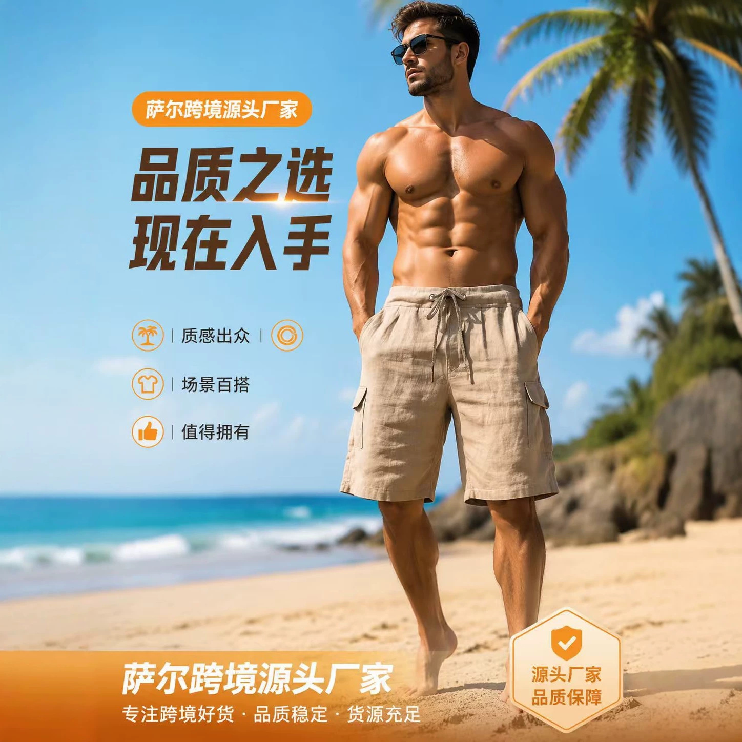 欧美跨境速卖通亚马逊夏季男士工装短裤多口袋拉绳裤男士沙滩短裤