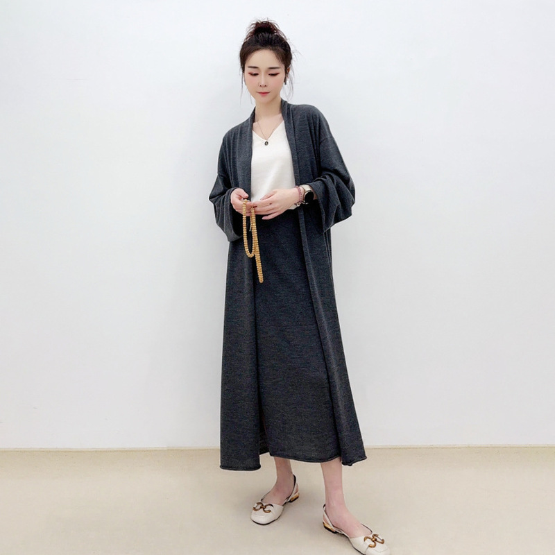 New Solid Color Worsted Mulberry Silk Wool Fashion Cardigan Long Piao Loose Brand Simple Elegant Knitted Robe for Women