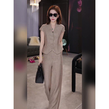 夏季简单大方老钱风女装高端职业套装v领短袖衬衫直筒长裤两件套