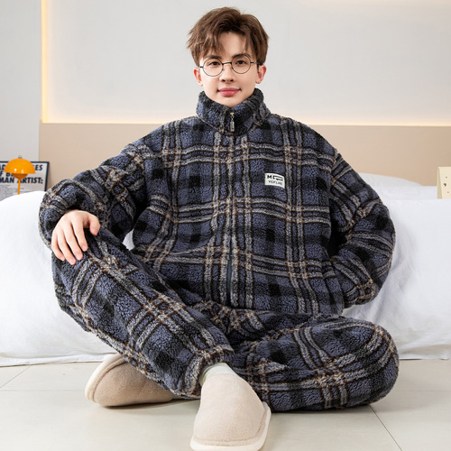 Men's Winter Pajamas, Thickened Fleece Coral Fleece, 2024 New Arrival, Men's and Teenagers' Outwear Home Wear Set