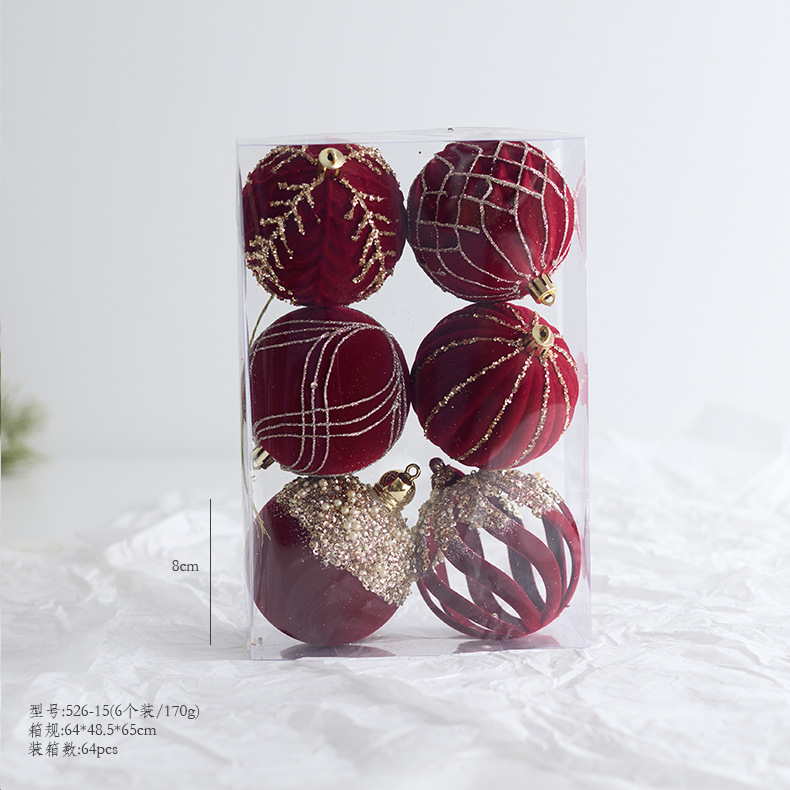 Nuevos productos transfronterizos árbol de Navidad decoración bola colgante rojo oscuro vino rojo floqued bola de Navidad pintada bola de forma diferente