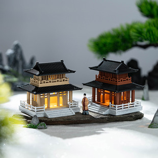 Double-layer pavilions with lights and pavilions rockery bonsai national style micro landscape ornaments ancient palace new ancient architecture fish tank