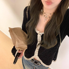 ASHENONLINE 堂吉诃德 拼色针织小开衫秋季复古设计感休闲上衣女