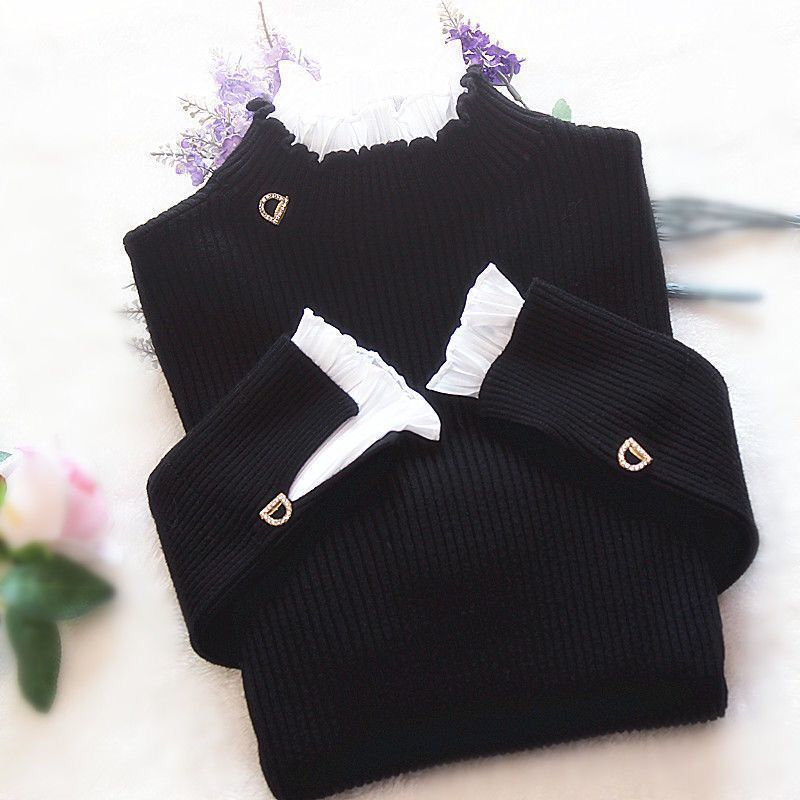 Fake Two-Piece Half-Turtleneck Sweater for Women, New Autumn and Winter Slim-Fit Pullover Lace Short Top Fake Two-Piece Half-Turtleneck Sweater for Women, New Autumn and Winter Slim-Fit Pullover Lace Short Top