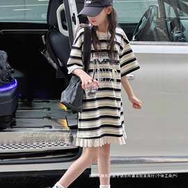 2026夏季女童撞色条纹蝴蝶结蕾丝花边中长款裙子童装宽松T连衣裙