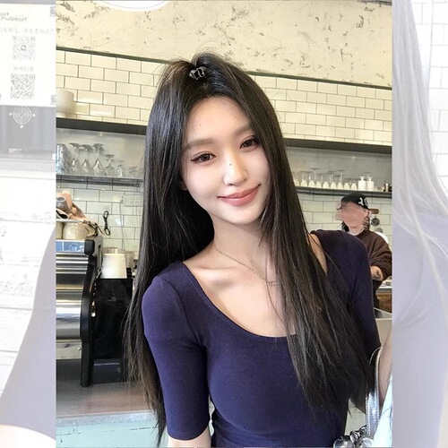 Hot Girl Dark Blue Round Neck Square Neck Short Sleeve Shoulder T-shirt Women's Summer Small Size High Waist Short Style Top 