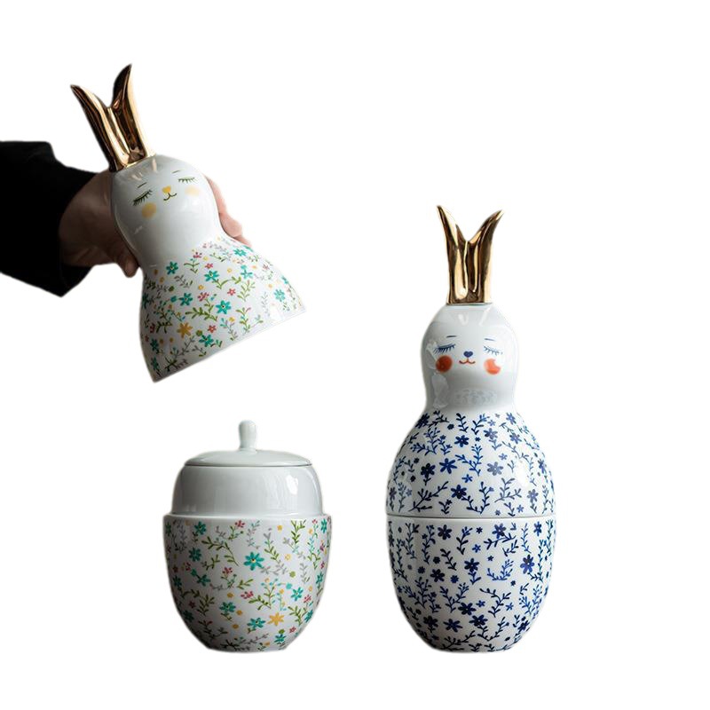 Creativo francés floral conejo té tarro con la selección de té de cerámica dibujo de oro conejo decoración sellada empresa regalo de vacaciones