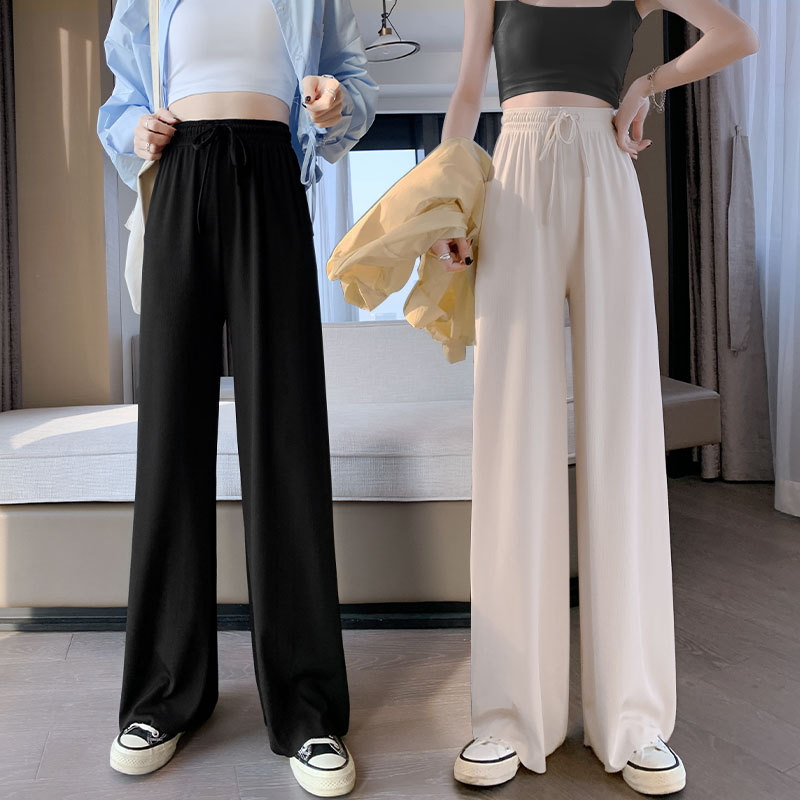 Ice silk pants female summer thin section loose straight black mop fairy casual high waist sexy white wide leg pants