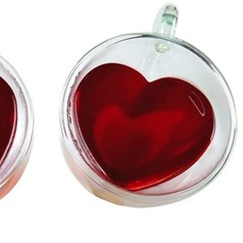 Tazas de té en forma de corazón al por mayor, tazas de doble capa aisladas, tazas de vidrio, tazas de doble capa en forma de corazón de 50 ml resistentes al calor
