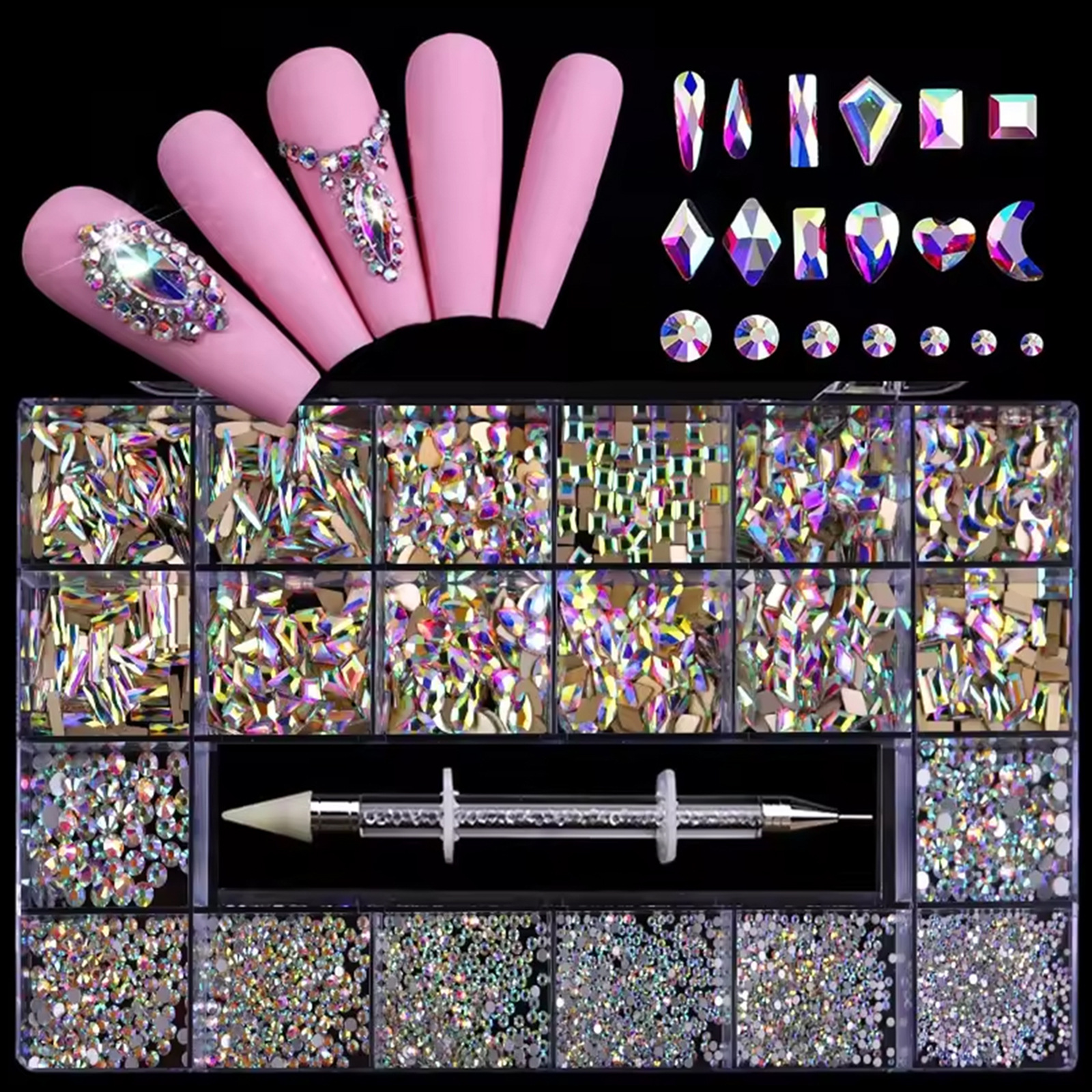 Clavo transfronterizo 21 rejilla rhinestone en caja taladro de uñas plano en forma especial diamante uñas rhinestone joyería traje al por mayor