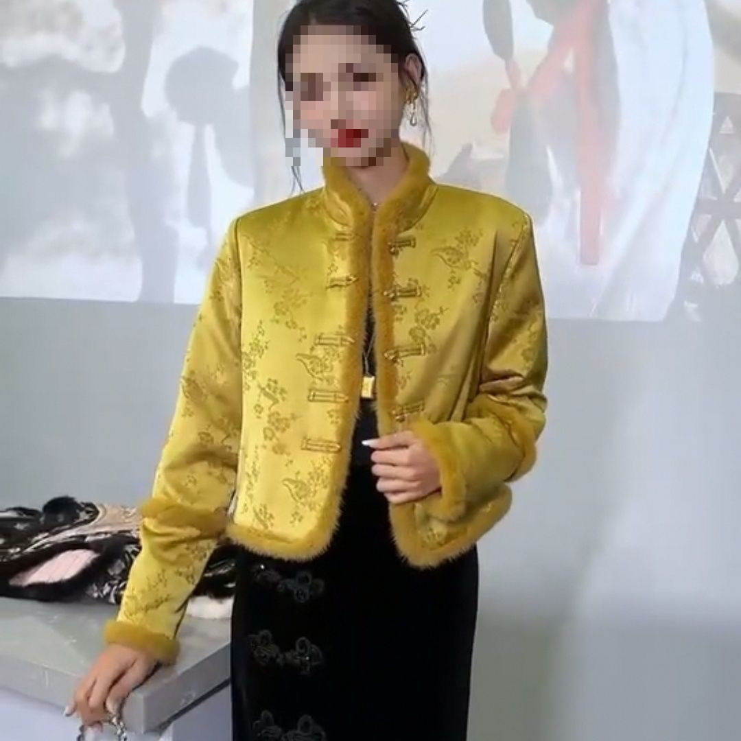 新中式国风女装秋冬新款提花盘扣毛毛拼接显瘦棉服半身裙搭配套装