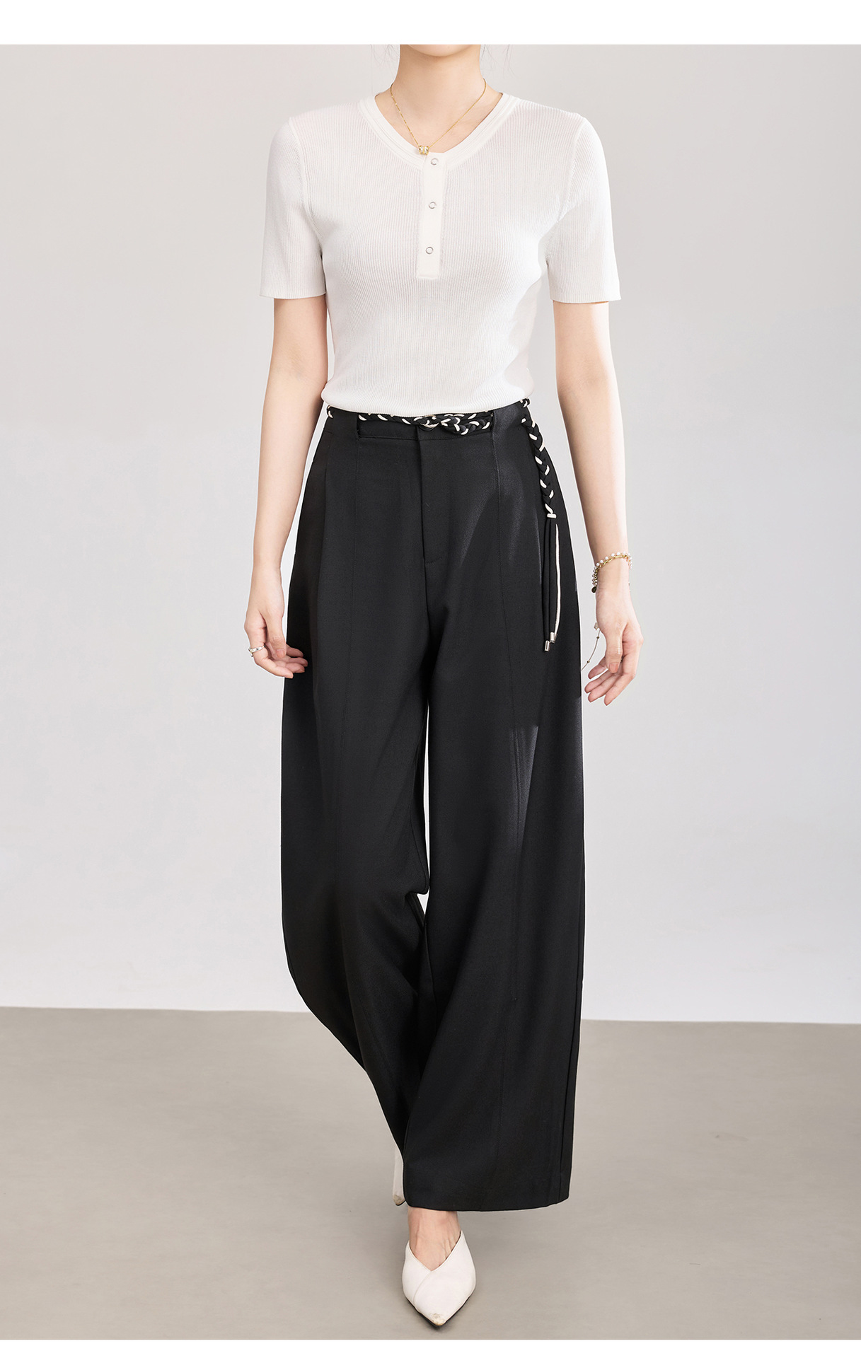 Quần culottes nữ ống rộng cạp cao kèm thắt lưng dệt bản to — màu đen chi tiết 16