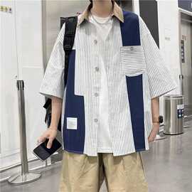 日系复古条纹拼接翻领衬衫男2022夏季新款设计感撞色薄款半袖衬衣