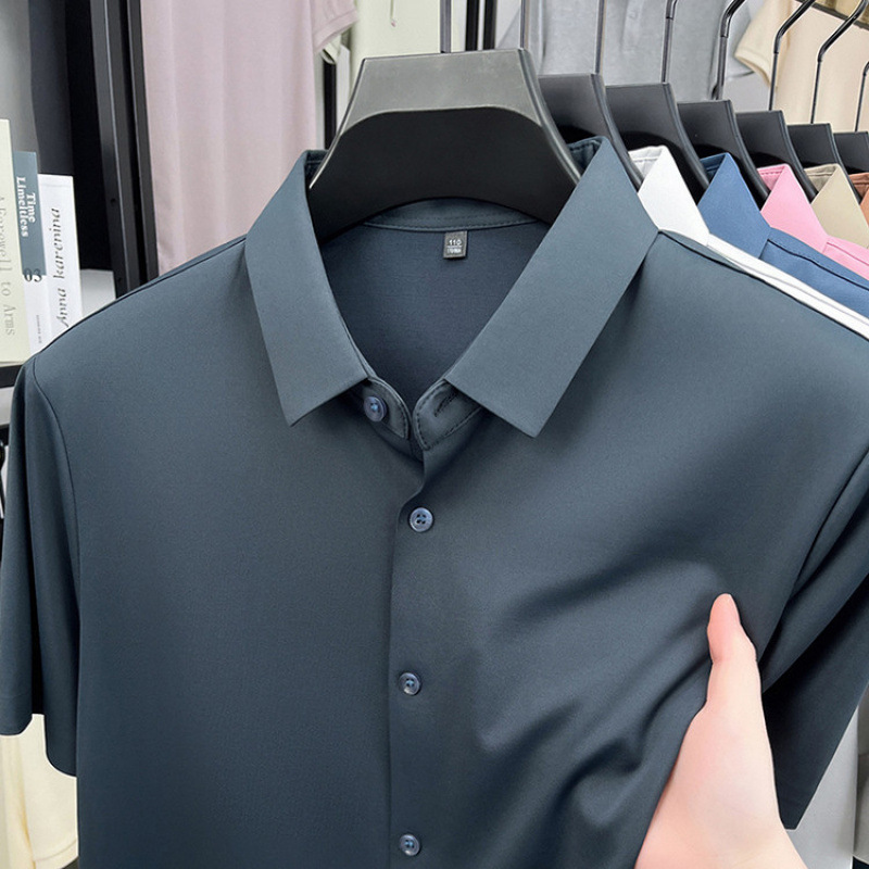 Camisa de manga corta para hombre 2025 verano blusa delgada media manga casual de seda de hielo sin costuras para hombre camisa de lino de seda de morera