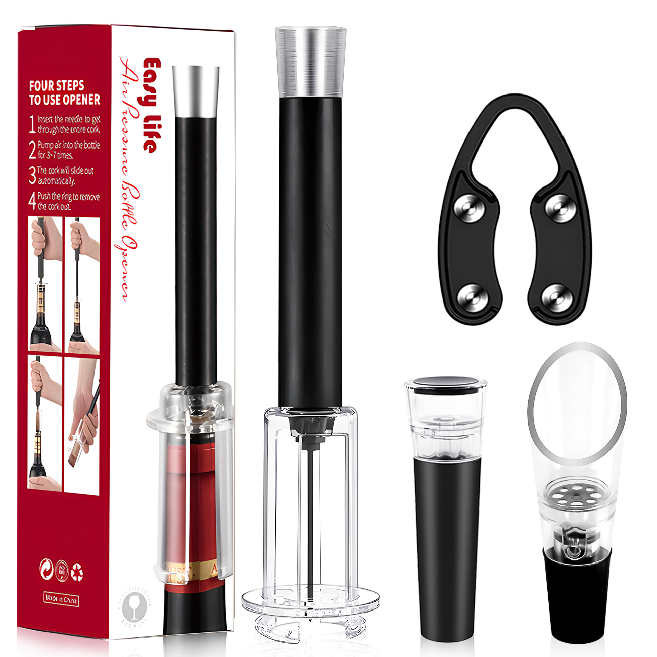 플라스틱 막대 알루미늄 헤드 검정색 공기압 병따개 4개 세트(철 와인 푸어러) 색상 상자