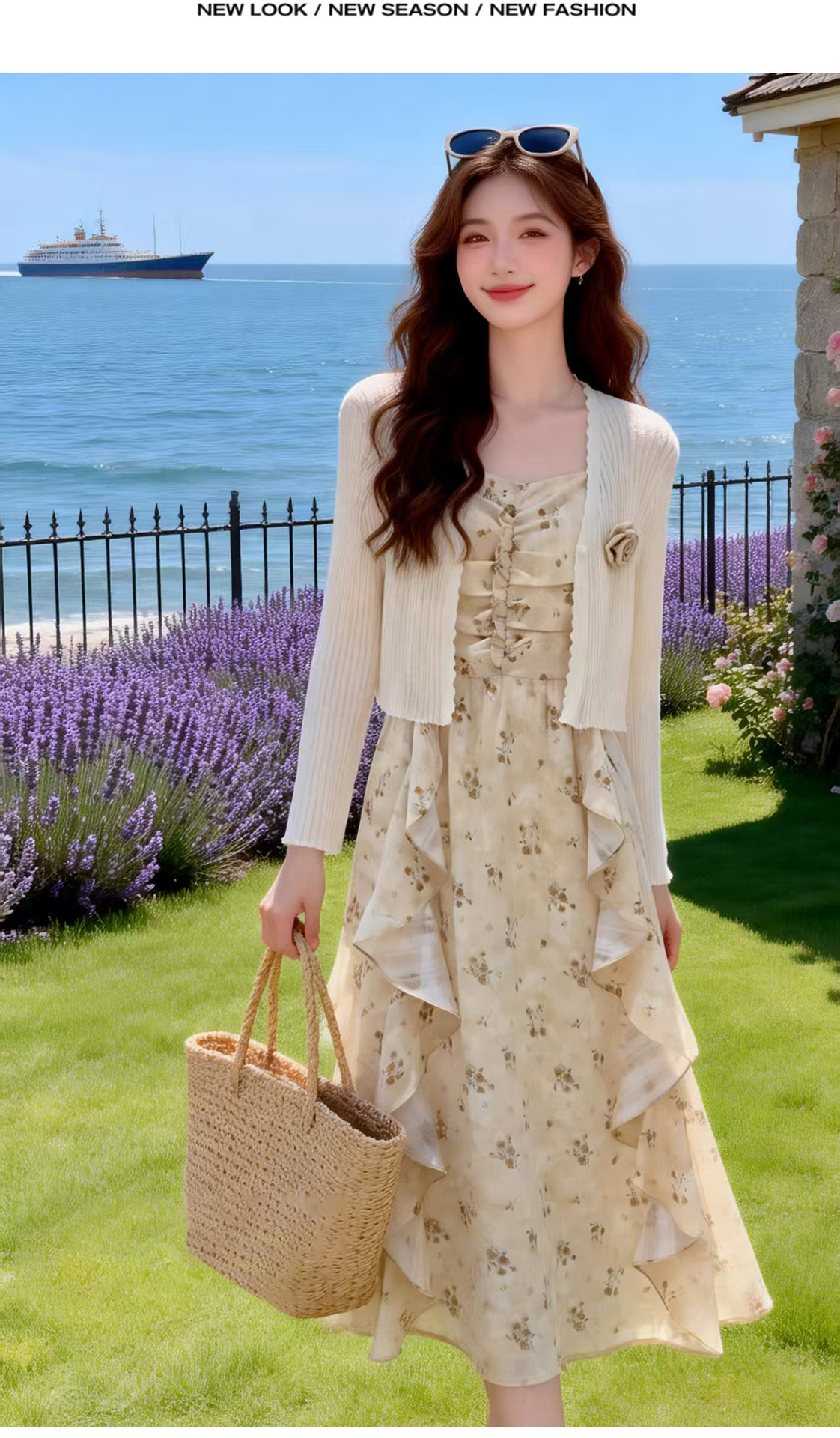 Bộ đầm hai mảnh gồm áo khoác cardigan và đầm maxi hoa nhí thắt eo BL2608 — xanh lam, màu be chi tiết 5