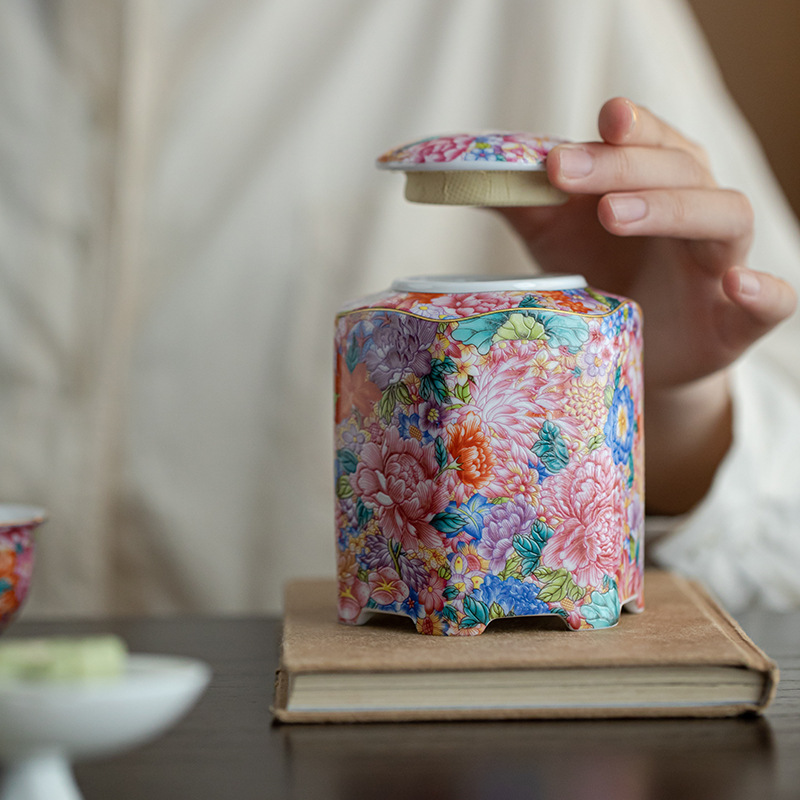 Enamel Tea Canister Creative Flowery Tea Storage Household Sealed Can Chinese Ceramic Canister Moisture-Proof Tea Storage Can