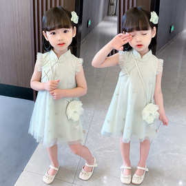 女儿童装夏季复古连衣裙宝宝2025新薄款蕾丝民族风公主裙子送包包