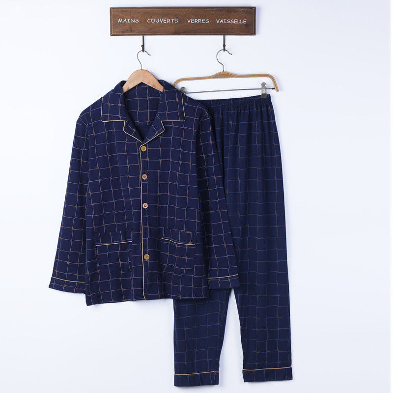 100% pijamas de algodón de primavera y otoño de los hombres de manga larga joven y de mediana edad Otoño e Invierno flojo cardigan traje de desgaste para el hogar