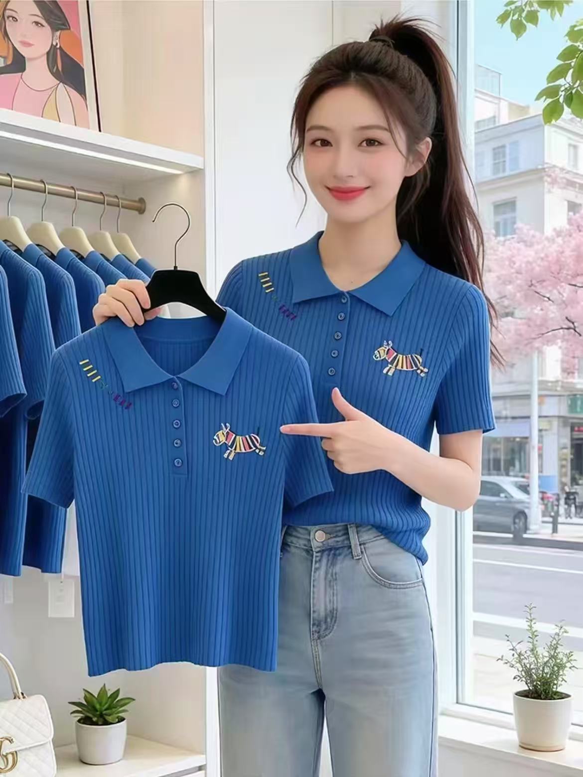 Áo thun polo nữ tay ngắn cổ bẻ họa tiết ngựa nhỏ cầu vồng — xanh lam