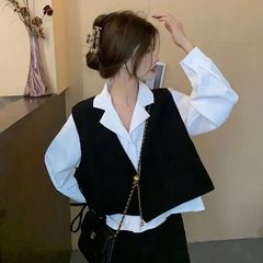 套装女2025春秋新款复古港风西装领衬衫+时尚甜美宽松马甲两件套
