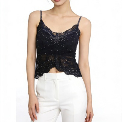 New high-end lace camisole with V-neck and rhinestone design, lined with fur, with built-in chest pads, elegant top for ladies New high-end lace camisole with V-neck and rhinestone design, lined with fur, with built-in chest pads, elegant top for ladies
