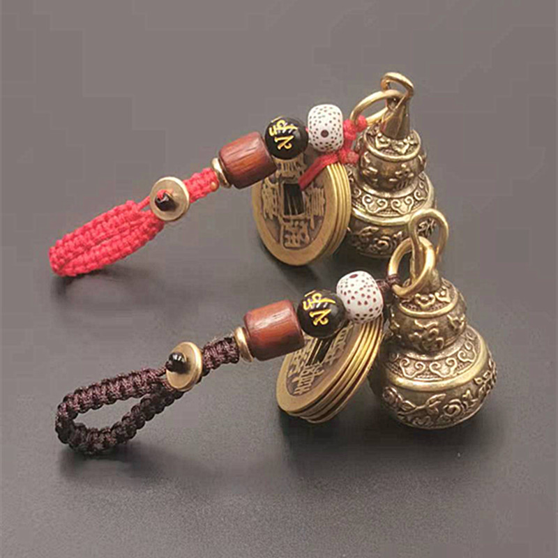 五帝钱黄铜镂空葫芦汽车钥匙扣挂件手工编织平结树脂星月六字真言