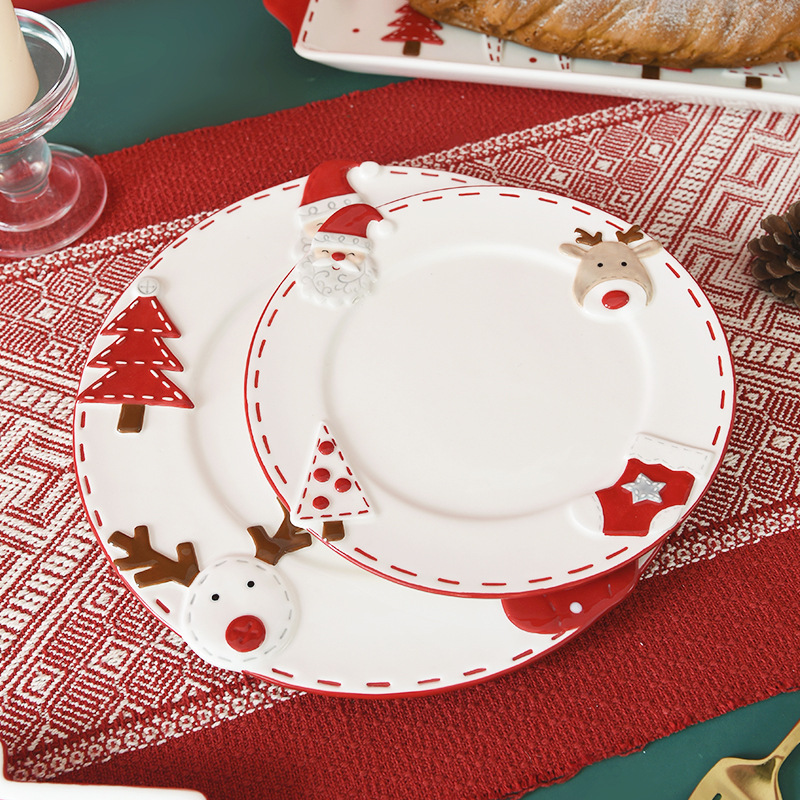 Household Embossed Nordic Santa Claus Ceramic Round Plate Western-Style Dinner Plate Large Plate Small Plate Dessert Tray Dish Plate