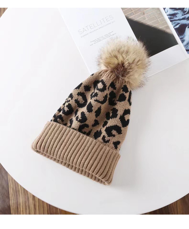 for Women New Autumn Winter Versatile Cross-Border European American Korean Version Leopard Print Pom Warm Knitted_voghion.com