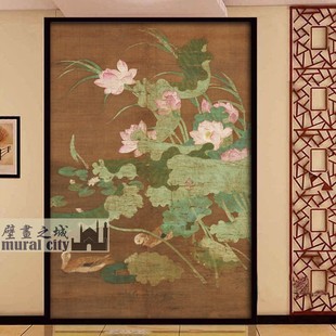 Ancient Painting Lotus Pond Waterfowl Wall Covering Retro Style Lotus Dead Lotus White Crane Wallpaper Chinoiserie Background Wallpaper Mural Cloth
