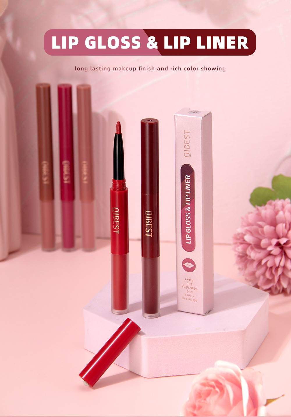 carina QIBEST Two in One Color lipliner Waterproof Matte Velvet Colorless Double Head Lip Glaze_voghion.com