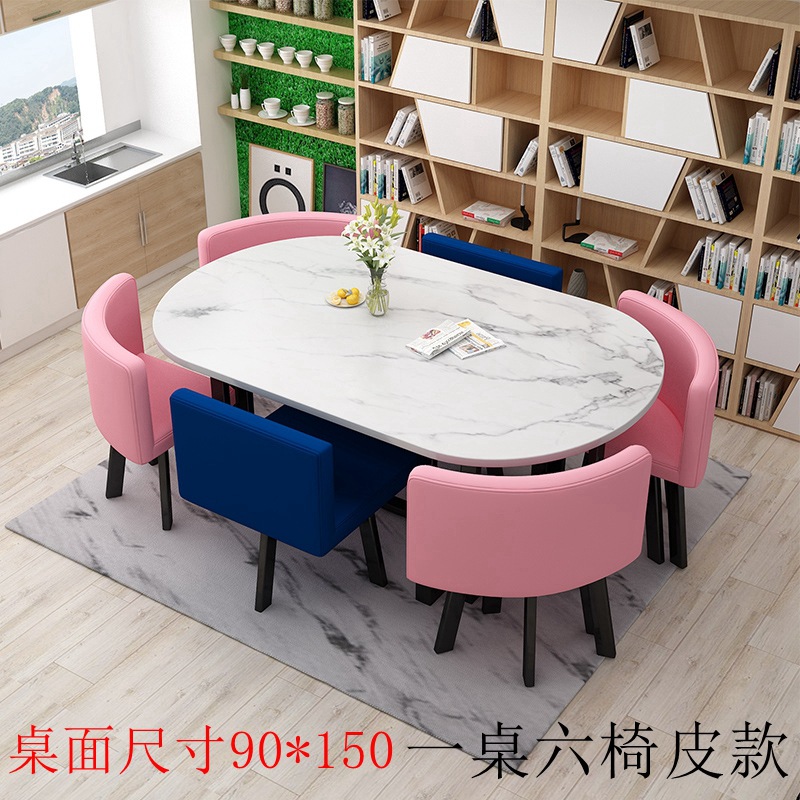 150*90 mesa de escritorio con patrón de piedra de imitación 0 cuero rosa azul oscuro una mesa y seis sillas