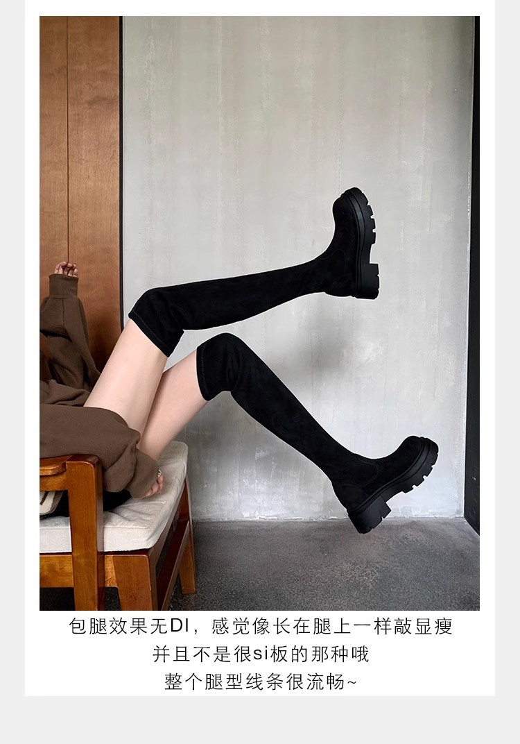 Nuevas botas de otoño e invierno con punta redonda, suela gruesa y efecto de aumento de altura, que hacen que las piernas se vean rectas y delgadas, botas largas elásticas de gamuza por encima de la rodilla para mujer. image 7
