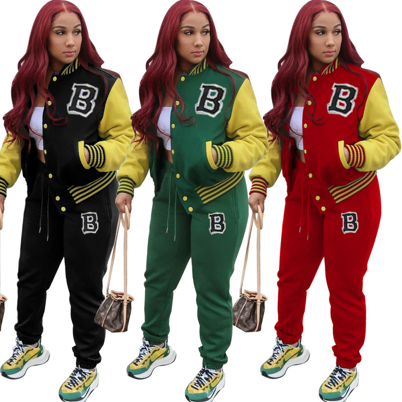 2024 Hot Sale Printed Letter Baseball Jacket Two Piece Set with Trousers Suit Women Jogger Tracksuit Patchwork Baseball