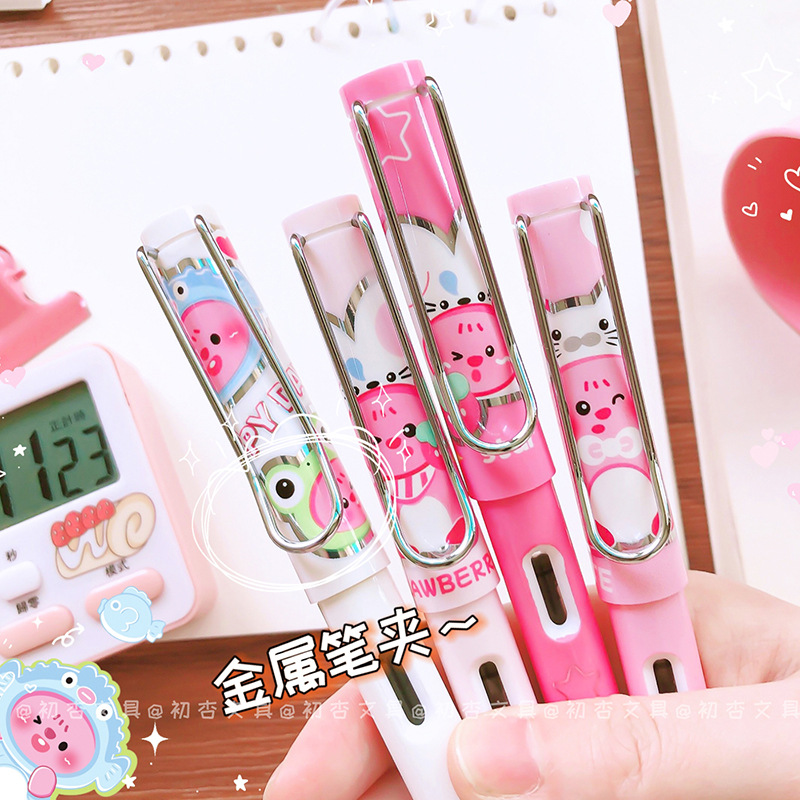 Cartoon girl pink little beaver practice writing pen, high-quality student dual-purpose pen with replaceable ink cartridge and ink filler