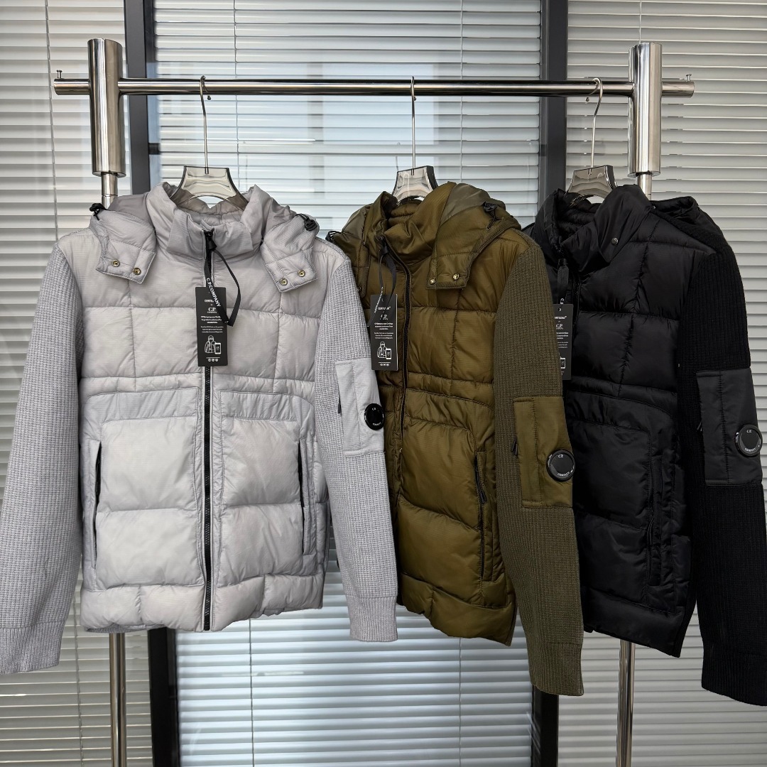 CP Workwear Patchwork Hooded Jacket Men's Winter Quilted Cotton-padded Jacket Knitted Ribbed Sleeve Lens Logo Outerwear Top