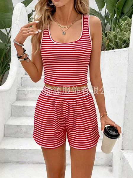European and American Cross-Border 2026 Spring/Summer Casual Simple Elastic Waist Shorts Comfortable Home Striped Vest Set