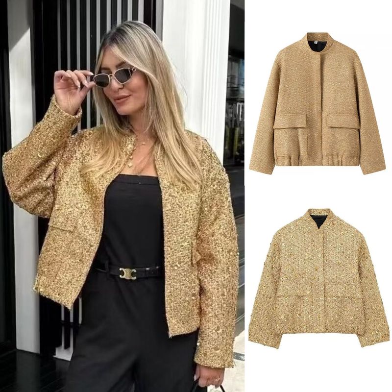 Za Aliexpress Cross-Border European and American Style Women's Clothing Autumn and Winter New Fashion Sequin Embellished Stand Collar Jacket Loose Fit