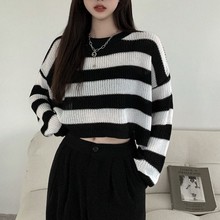 外贸黑白条纹针织衫女秋冬毛衣长袖罩衫洋气宽松短款打底衫上衣